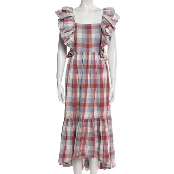 Ulla Johnson Frieda Check Gingham Red Blue White Sleeveless Ruffle Midi Dress XS - Picture 3 of 5